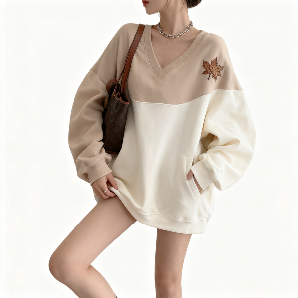 Beige and Cream Color Block Maple Leaf Sweatshirt