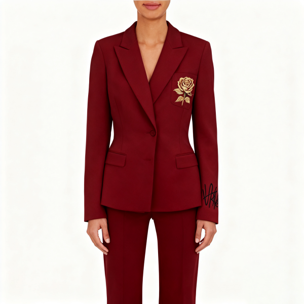Burgundy Rose Embroidery Signature Detail Blazer