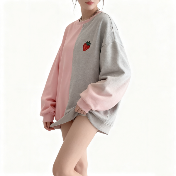 Pink and Gray Color Block Strawberry Embroidery Sweatshirt