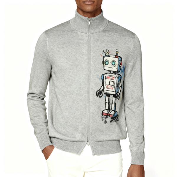 Light Gray Robot Graphic Full-Zip Knit Jacket