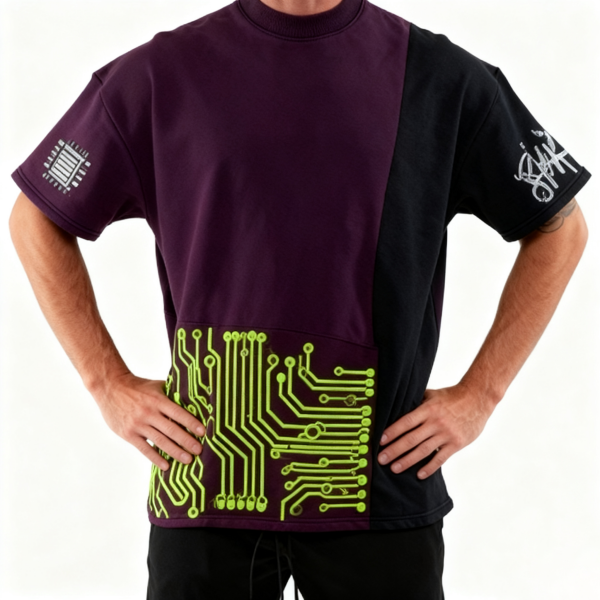 Purple & Black Color-Block Circuit Board Print Oversized T-Shirt
