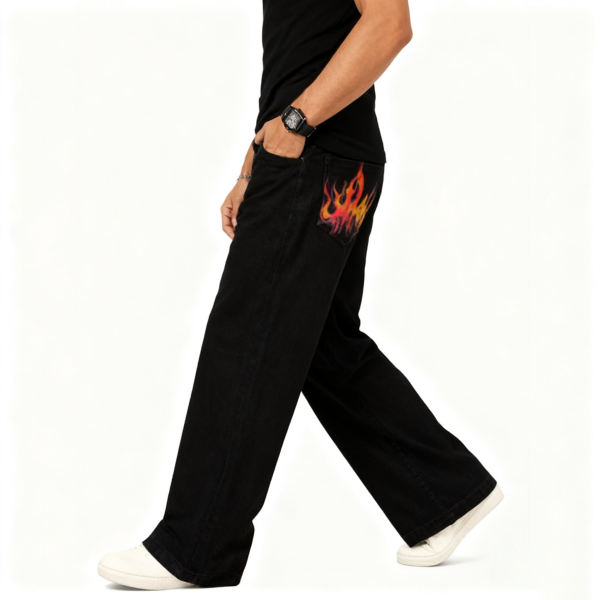 Black Wide-Leg Jeans with Flame Graphic Detail