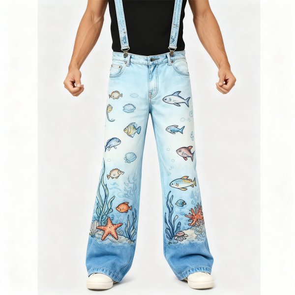 Light Wash Suspender Wide-Leg Jeans with Underwater Print