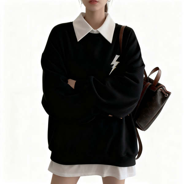 Black Collared Lightning Graphic Sweatshirt