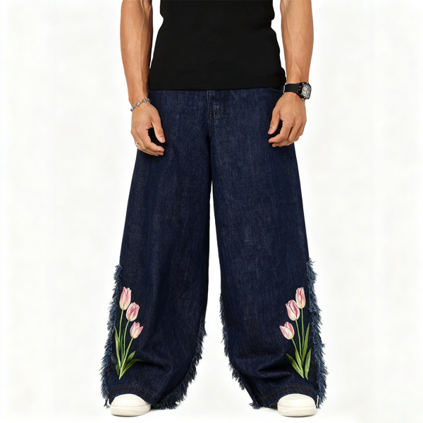 Dark Wash Wide-Leg Jeans with Tulip Embroidery & Fringe