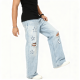 Light Wash Star & Moon Ripped Wide-Leg Jeans
