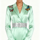 Mint Satin Butterfly-Embellished Belted Blazer