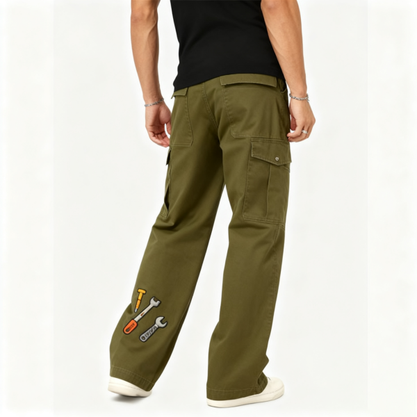 Olive Green Cargo Pants with Tool Embroidery Detail