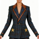 Blue Plaid Leather-Trim Star Embellished Blazer