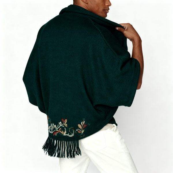Dark Green Floral Embroidery Fringe Knit Poncho