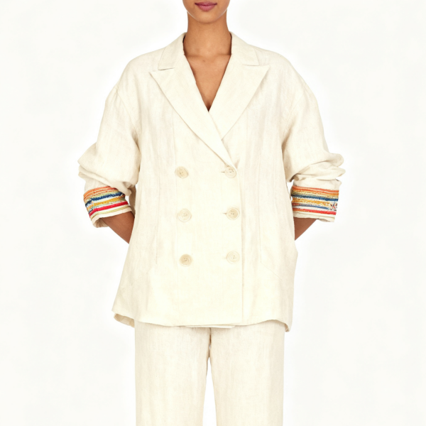 Cream Linen Double-Breasted Striped Cuff Blazer