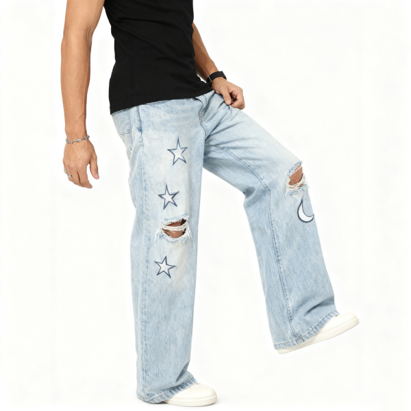 Light Wash Star & Moon Ripped Wide-Leg Jeans