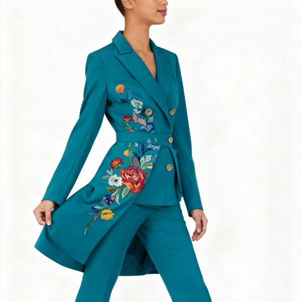 Teal Floral Embroidery Asymmetric Hem Blazer